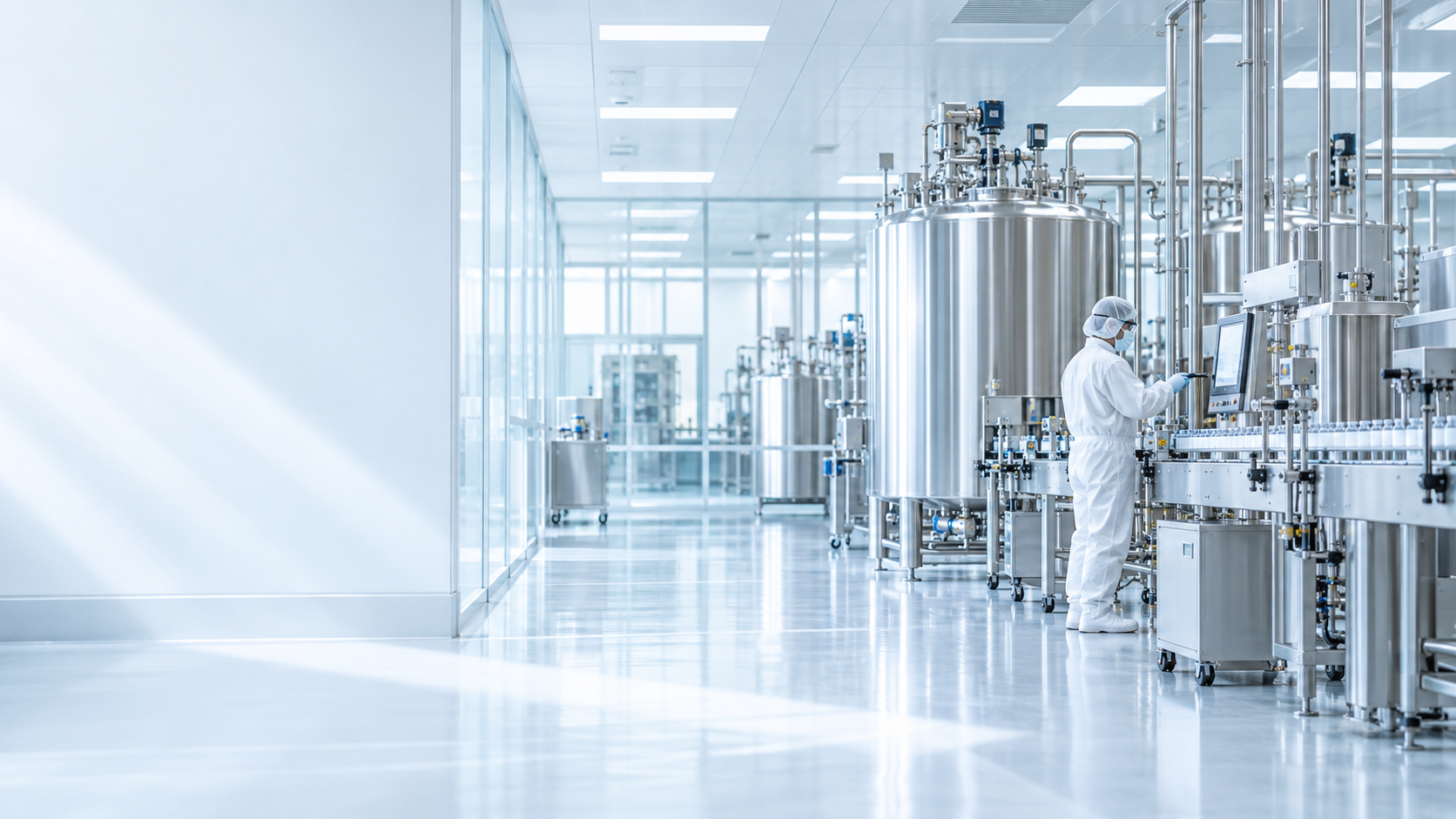 Illustrative pharmaceutical production environment with stainless steel equipment
